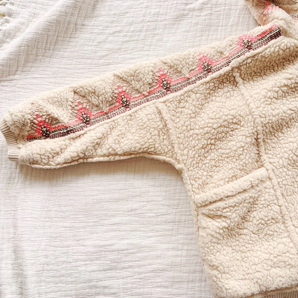 Free People Lodge Livin Sherpa Plush Fleece Soft Oversized Embroidered Jacket ML - Picture 7 of 11